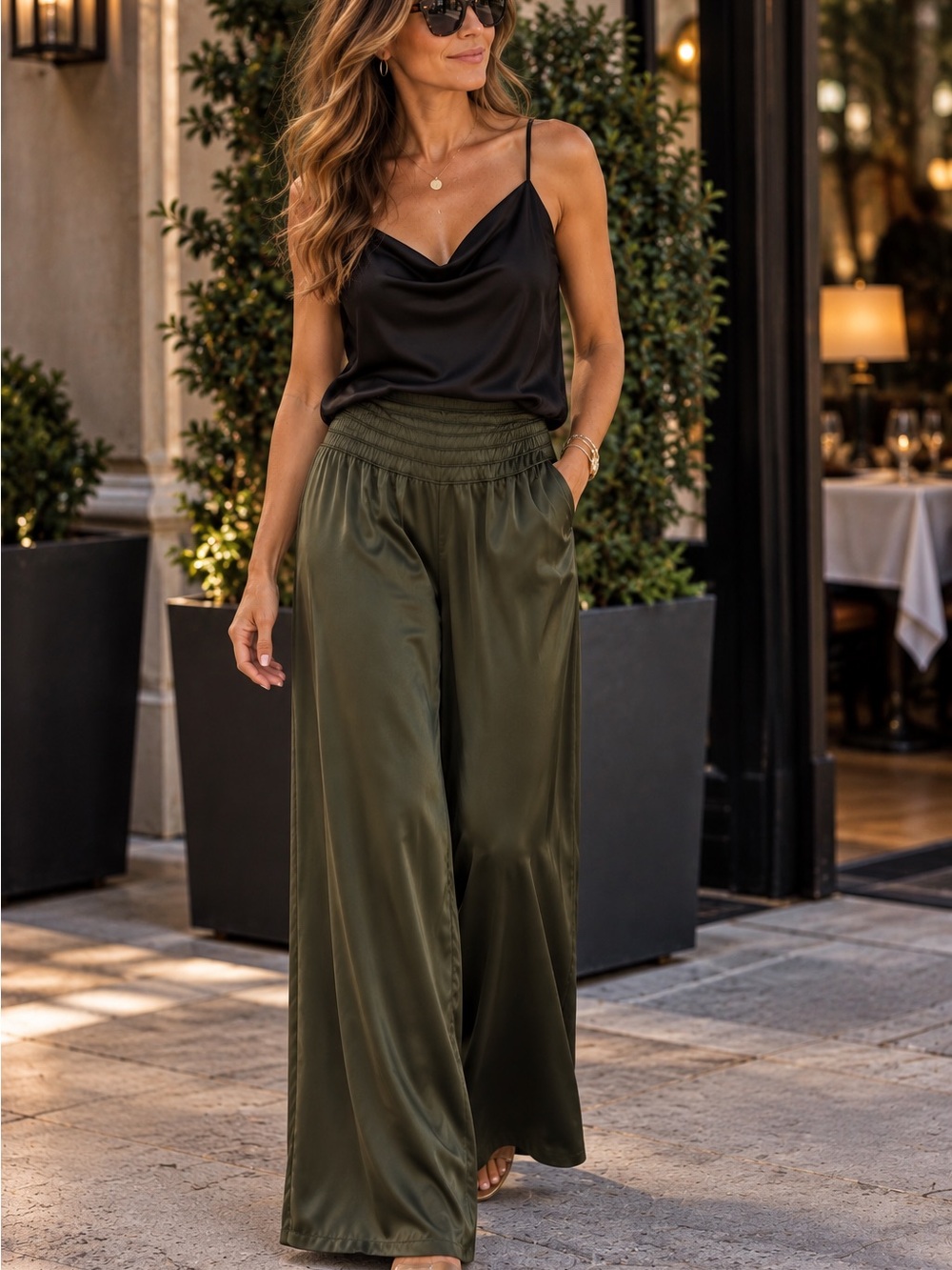 White House Black Market Olive Satin Wide-Leg Pants with Smocked Waistband